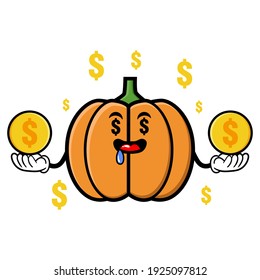 cute pumpkin cartoon mascot character with funny expression with money eye holding gold coin