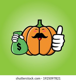 cute pumpkin cartoon mascot character with funny expression holding money bag with thumb up