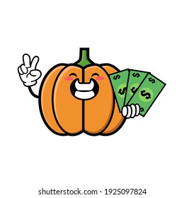 cute pumpkin cartoon mascot character funny expression holding money with peace gesture