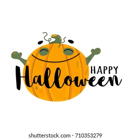 Cute pumpkin cartoon vector illustration with inscription "Happy Halloween". Kind gourd for kid's halloween party design, holiday invitation cards and posters.