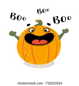Cute pumpkin cartoon vector illustration with inscription "Boo". Kind gourd for kid's halloween party design, holiday invitation cards and posters.