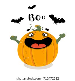 Cute pumpkin cartoon vector illustration with inscription "Boo". Kind gourd for kid's halloween party design, holiday invitation cards and posters.