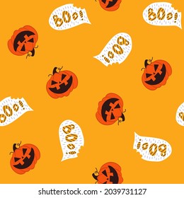 Cute pumpkin with carving face and boo comic bubble vector halloween seamless pattern