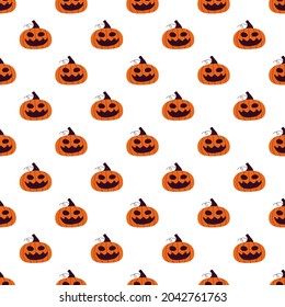 Calabaza ligera con cartón de cara tallada vectorial halloween patrón sin fisuras sobre fondo blanco