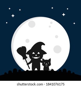 cute pumpkin and cat character vector illustration