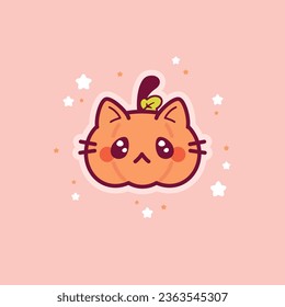 Cute pumpkin cat Halloween illustration. Kawaii doodle style illustration.