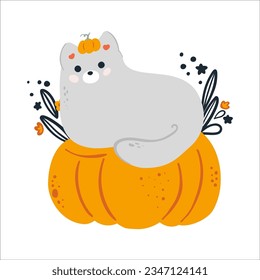 Cute pumpkin and cats. Happy Halloween. Childish scary and smiling creepy characters. Great for your design, postcard, poster, kids room, logo, print. Isolated flat vector illustration