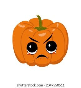 Cute pumpkin character with angry emotions, grumpy face, furious eyes. Festive decoration for Halloween. Mischievous vegetable hero