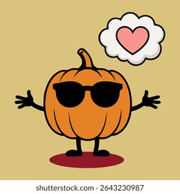 Cute Pumpkin Character Autumn Vector Design, Cool Thanksgiving Elements, Happy Pumpkin in Love Fall Clipart, Cool Pumpkin Wearing Sunglasses, Pumpkin Cartoon Funny Character with Love Icon
