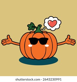 Cute Pumpkin Character Autumn Vector Design, Cool Thanksgiving Elements, Happy Pumpkin in Love Fall Clipart, Cool Pumpkin Wearing Sunglasses, Pumpkin Cartoon Funny Character with Love Icon

