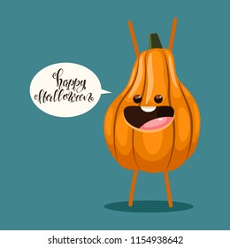 Cute pumpkin character with bubble speech and text Happy Halloween. Vector cartoon illustration isolated on background.