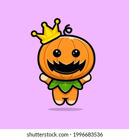 Cute pumpkin character with corwn and jumping  cartoon illustration