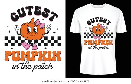 Cute pumpkin character design for autumn apparel. Perfect for fall t-shirts, mugs, and seasonal merchandise. Retro vibe.