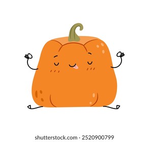 Joli personnage de citrouille faisant de la méditation et de la relaxation. Image vectorielle symbole de mascotte de célébration d'Halloween. Personnage de dessin animé isolé en pose de yoga. Nourriture biologique saine. Délicieux produit d'automne