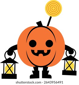 Cute Pumpkin Character with Halloween Costume and Floating Candy