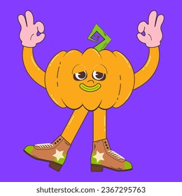 Cute pumpkin character for Halloween in retro cartoon style. Groovvy style pumpkin mascot vector illustration.