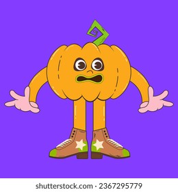 Cute pumpkin character for Halloween in retro cartoon style. Groovvy style pumpkin mascot vector illustration.