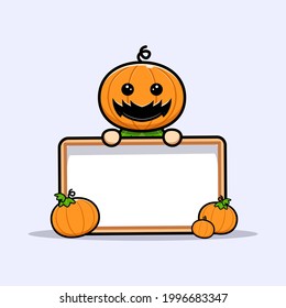 Cute pumpkin character holding blank text board  cartoon illustration