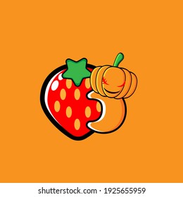 Cute pumpkin character illustration design hugging a strawberry fruit