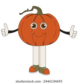 Cute Pumpkin Character isolated on white background. Pumpkin Mascot in trendy Groovy flat style. Vector illustration can used autumn vegetables art. EPS 10 Editable stroke