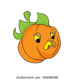 Cute pumpkin character isolated on the white background. Halloween and thanksgiving party hand drawn sketch. Fun colorful illustration for t-shirt print, banner, flyer, poster design