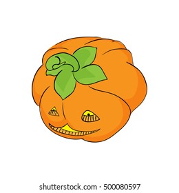 Cute pumpkin character isolated on the white background. Halloween and thanksgiving party hand drawn sketch. Fun colorful illustration for t-shirt print, banner, flyer, poster design