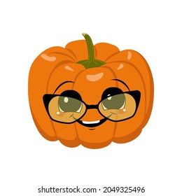 Cute pumpkin character with joy emotions, face, big eyes, glasses and wide happy smile. Festive decoration for Halloween. Mischievous vegetable hero