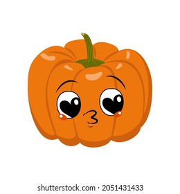 Cute pumpkin character with joy emotions, face, big hearts eyes falls in love, kiss lips. Festive decoration for Halloween. Mischievous vegetable hero