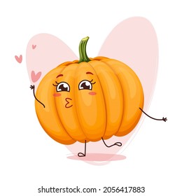Cute pumpkin character kiss on the red background. Emoji stickers with pumpkin.