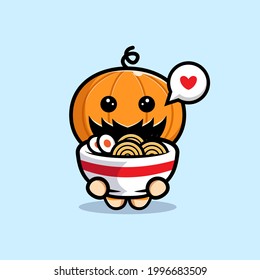 Cute pumpkin character loves ramen noodle  cartoon illustration