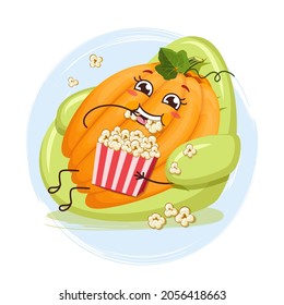 Cute pumpkin character lying on a chair, eating popcorn and watching a movie. Emoji stickers with pumpkin.