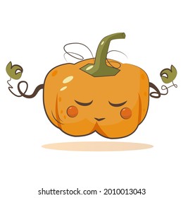 Cute pumpkin character meditating isolated vector illustration. Autumn harvest.