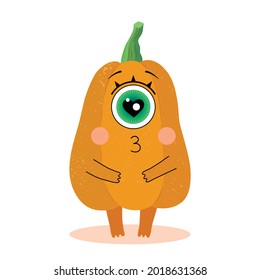 Cute pumpkin character. One-eyed monster. Love. Joy. Halloween. Vector illustration in a flat style. Isolated on a white background. For design