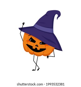 Cute pumpkin character in pointed hat with joyful emotions, smiling face, happy eyes, arms and legs. Cheerful vegetable for the holiday Halloween. Festive autumn decoration for October