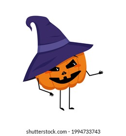 Cute pumpkin character in pointed hat with joyful emotions, smiling face, happy eyes, arms and legs. Cheerful vegetable for the holiday Halloween. Festive autumn decoration for October