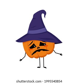 Carácter de calabaza suave en sombrero puntiagudo con emociones tristes, ojos caídos, cara deprimente, brazos y piernas. La verdura de la fiesta de Halloween con ojos. Decoración festiva de otoño para octubre