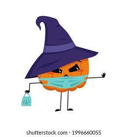 Cute pumpkin character in pointed hat with emotions, face and mask keep distance, hands with shopping bag and stop gesture. A sad hero, a vegetable for the holiday Halloween with eyes. Festive autumn