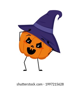Kürbischarakter in spitzen Hut mit Emotionen in einer Panik schnappt sich Kopf, Gesicht, Arme und Beine. Das lustige oder traurige Gemüse für den Urlaub Halloween mit Augen. Festliche Herbstdekoration für