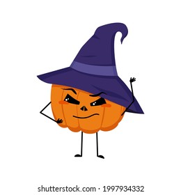 Cute pumpkin character in pointed hat with emotions, face, arms and legs. The funny or proud, domineering vegetable for the holiday Halloween with eyes. Festive autumn decoration for October