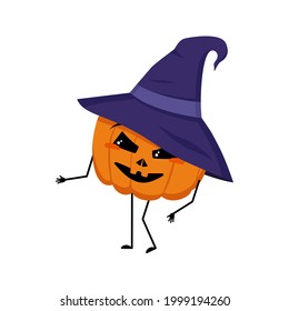 Cute pumpkin character in pointed hat with joyful emotions, smiling face, happy eyes, arms and legs. Cheerful vegetable for the holiday Halloween. Festive autumn decoration for October