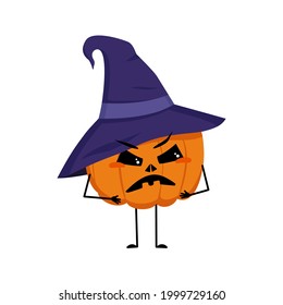 Kürbischarakter in scharfem Hut mit wütenden Emotionen, Gesicht, Armen und Beinen. Das lustige oder gruselige Gemüse für den Urlaub Halloween mit Augen. Festliche Herbstdekoration für Oktober