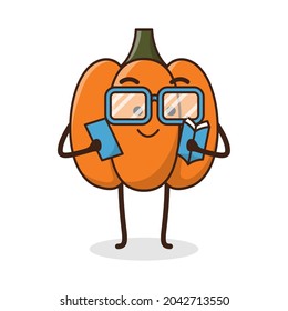 cute pumpkin character reading a book illustration