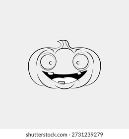 Cute pumpkin character vector lineart with a wide smiling mouth and big rounded eyes, playful expression, thick clean outlines, simple facial features.