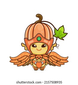 cute pumpkin character. vegetable and fruit mascot with leaf wings. illustration in kawaii style. suitable for animation, children's content and all ages. for making cute patterns, bg, gift wrap