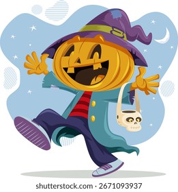 CUTE PUMPKIN CHARACTER WALKING WITH HIS CANDIES