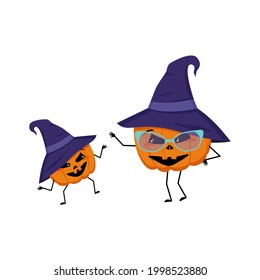 Cute pumpkin characters with happy emotions and smile face. Funny grandmother with glasses and dancing grandson. The joyful vegetable for holiday Halloween. Festive autumn decoration for October