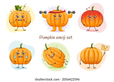 Cute Pumpkin Characters Set Isolated. Scared, Strong, Angry, Crying, Laughing, Sad. Emoji Stickers With Pumpkin.