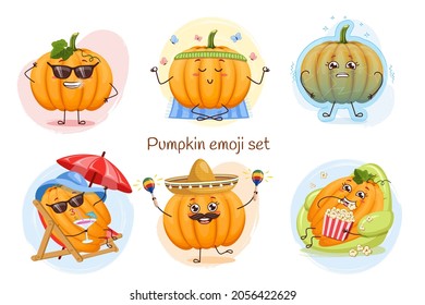 Cute pumpkin characters set isolated. Fiesta, pop corn, cool, chill, yoga, frozen. Emoji stickers with pumpkin.