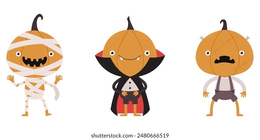 Cute pumpkin characters in a variety of Halloween costumes. Vector illustration