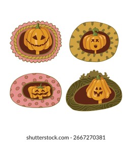 Personajes lindos de la calabaza en marcos vintage. Retratos de calabaza. Conjunto de calabazas de otoño aisladas sobre fondo blanco. Imágenes para postales. Ilustración vectorial.